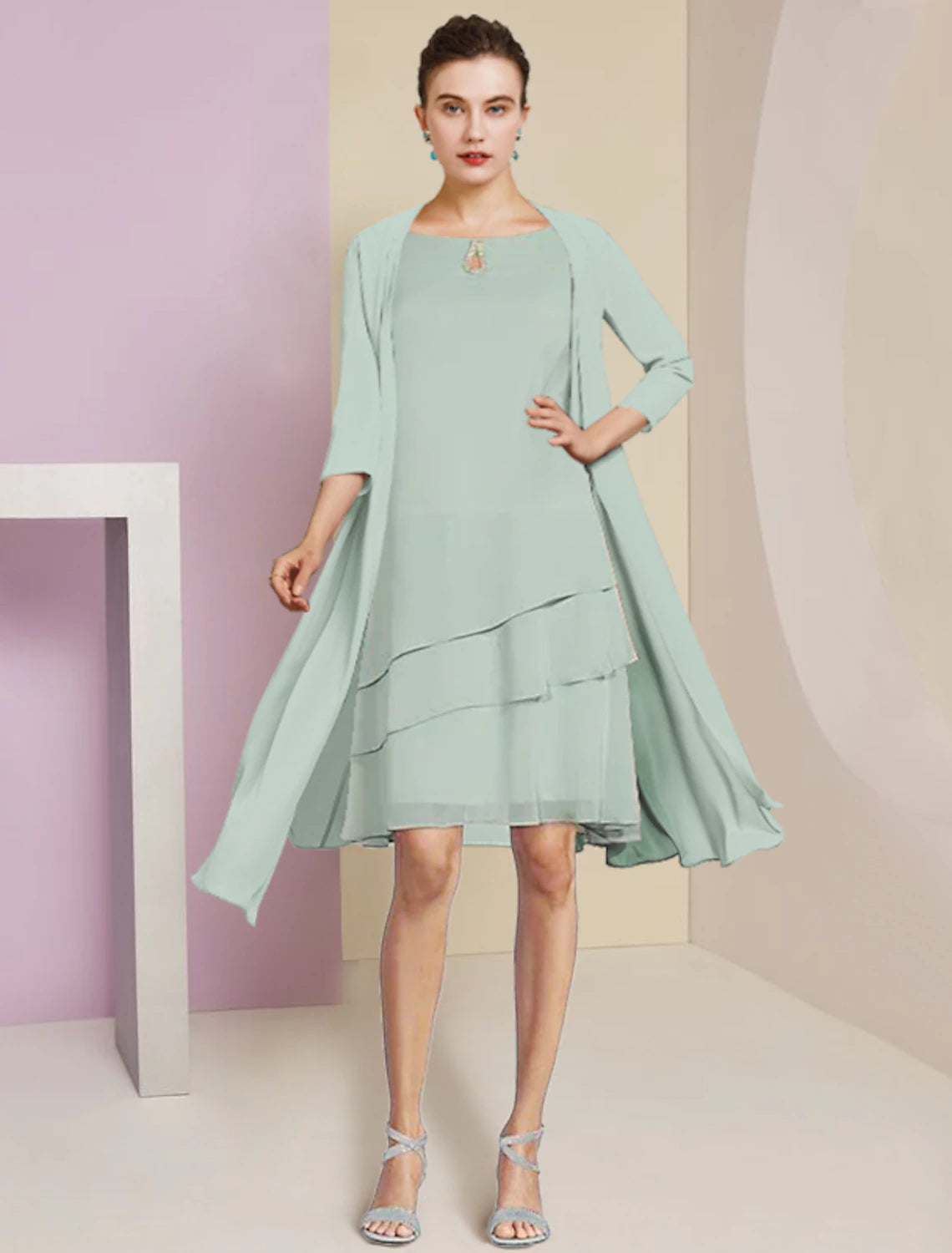 Wholesale  Two Piece A-Line Mother of the Bride Dress Formal Wedding Guest Elegant Scoop Neck Knee Length Chiffon 3/4 Length Sleeve with Tier