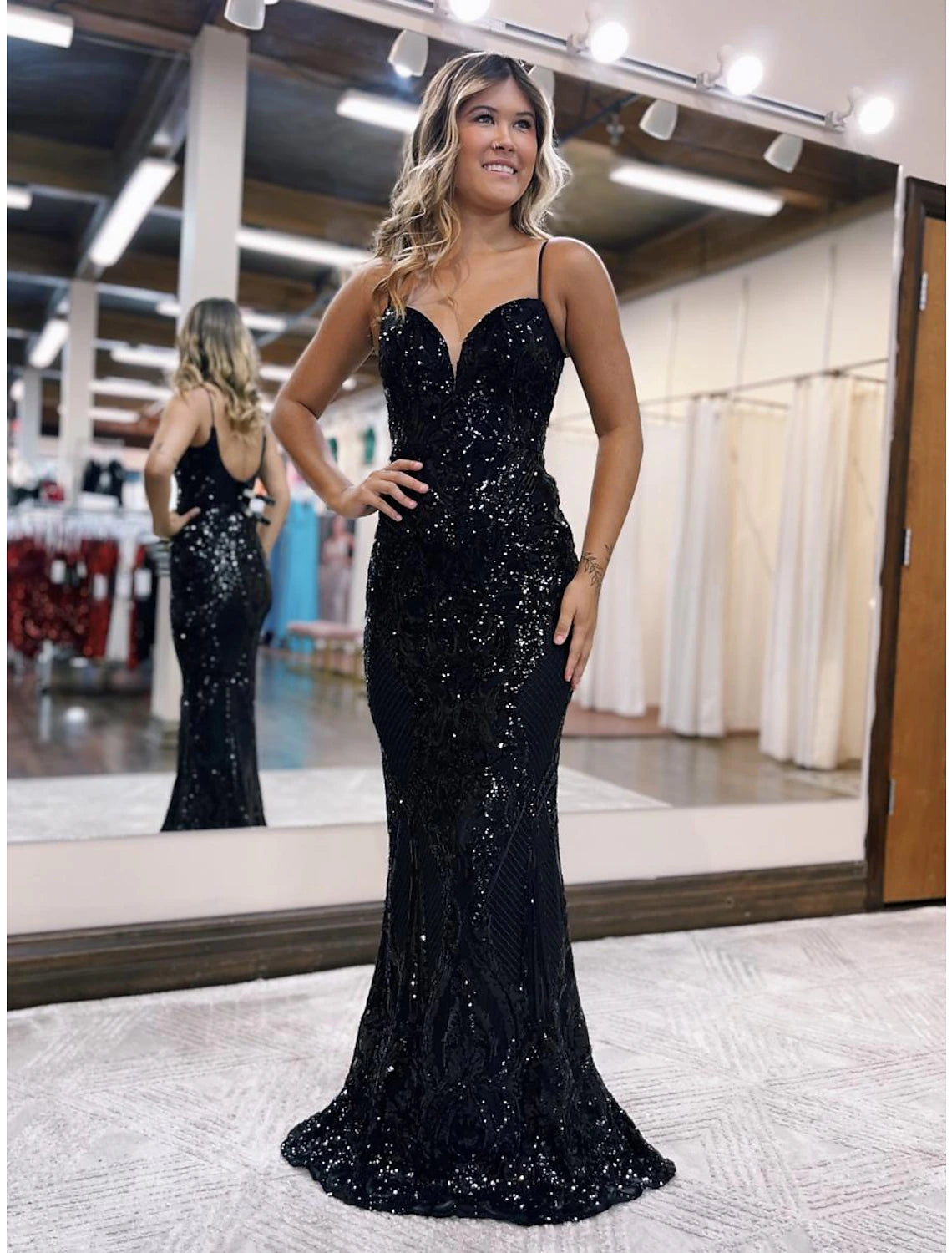 Wholesale  Mermaid / Trumpet Prom Dresses Sparkle & Shine Dress Formal Wedding Party Sweep / Brush Train Sleeveless V Neck Sequined Backless with Sequin