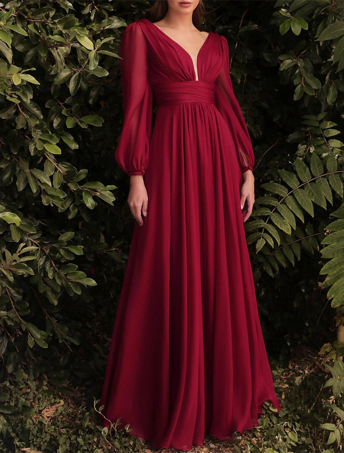 Wholesale A-Line Bridesmaid Dress V Neck Long Sleeve Blue Floor Length Chiffon with Ruching / Solid Color