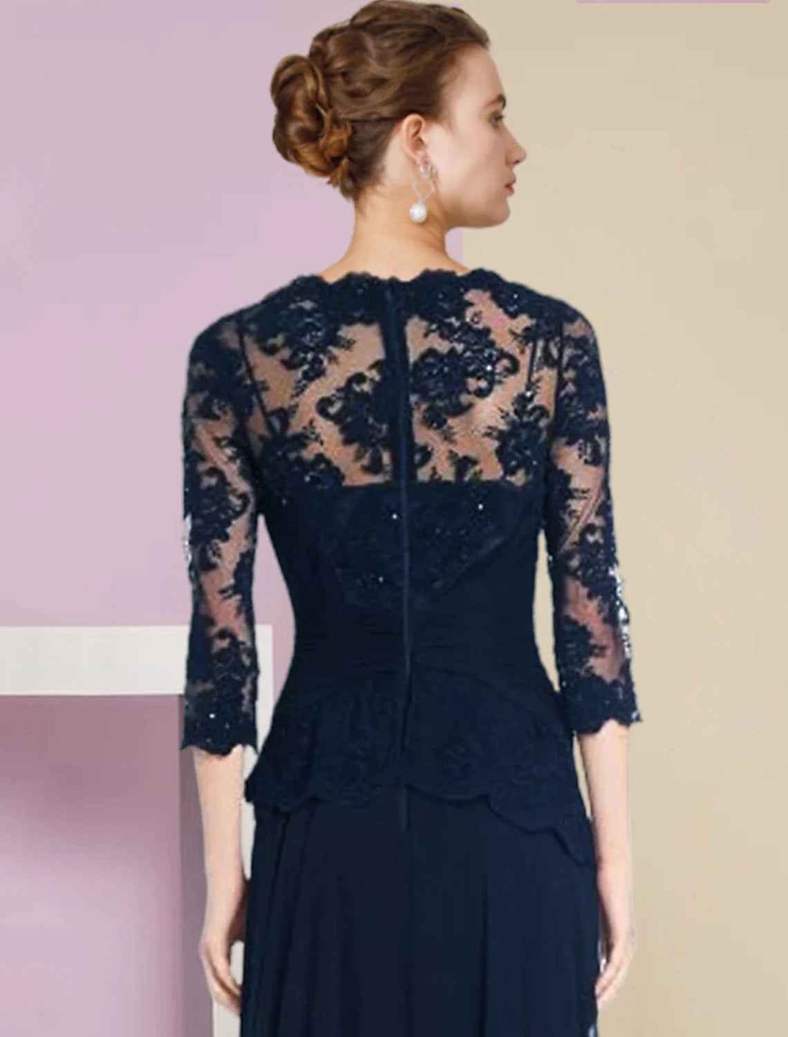 Wholesale A-Line Mother of the Bride Dress Formal Wedding Guest Elegant Scoop Neck Floor Length Chiffon Lace Half Sleeve with Pleats Appliques Crystal Brooch