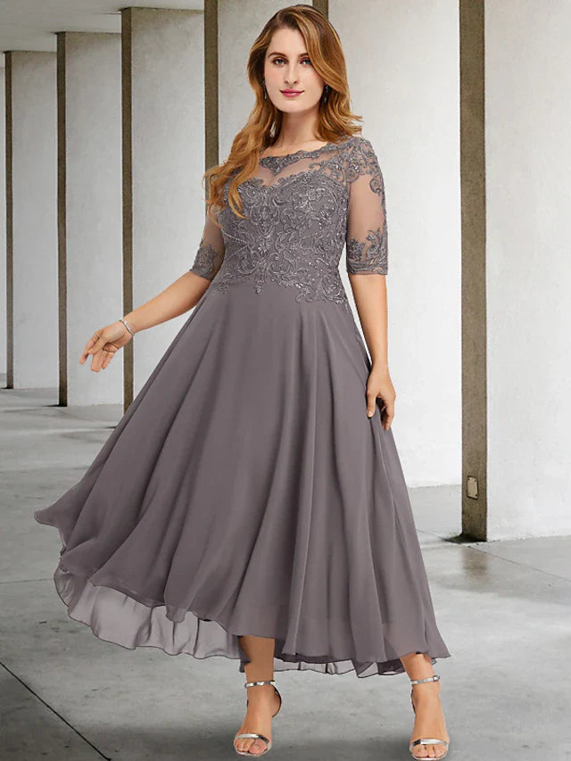 Wholesale A-Line Plus Size Curve Mother of the Bride Dresses Elegant Dress Formal Asymmetrical Half Sleeve Jewel Neck Chiffon with Beading Appliques