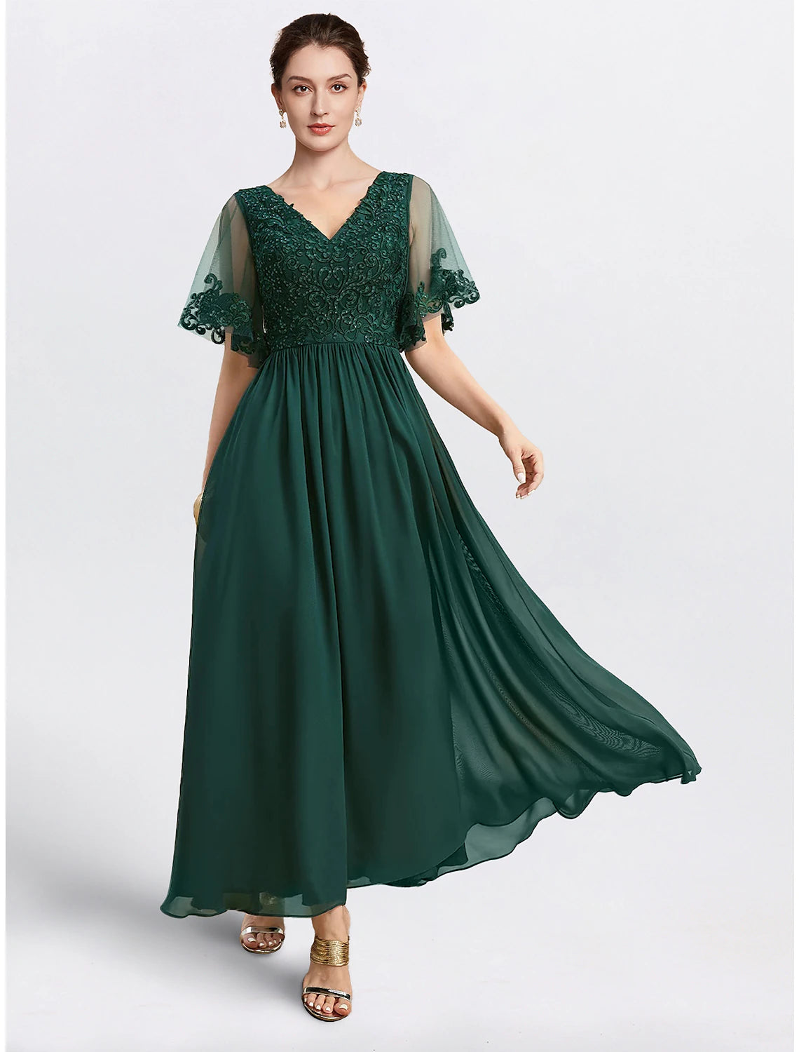 Wholesale A-Line Mother of the Bride Dress Formal Wedding Guest Elegant Cape Dress V Neck Tea Length Chiffon Short Sleeve with Beading Appliques