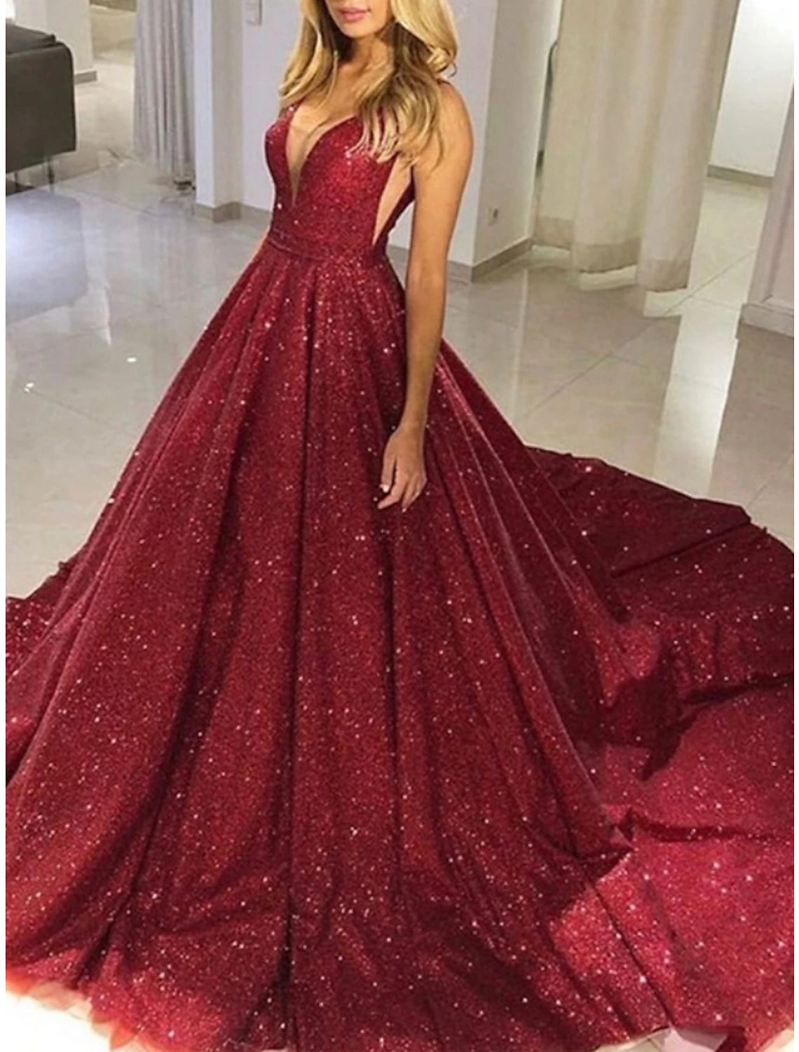 Wholesale A-Line Prom Dresses Elegant Dress Formal Court Train Red Green Dress Sleeveless V Neck Sequined with Glitter Pleats