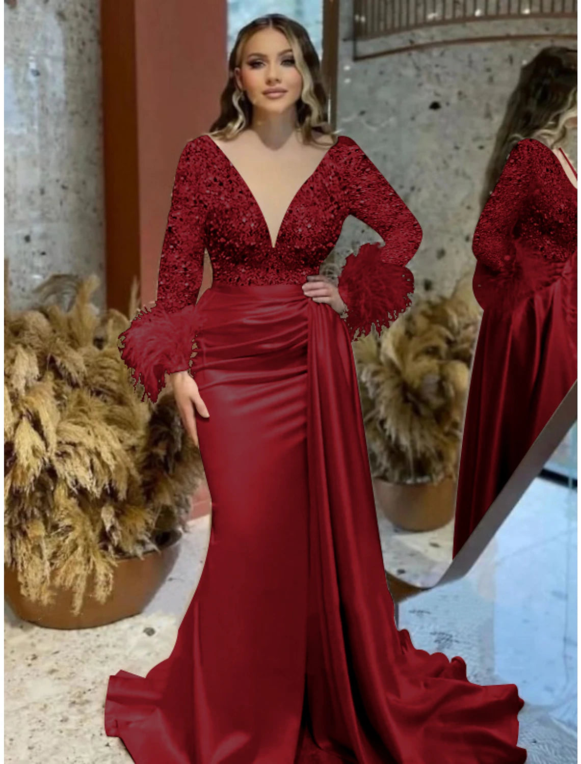 Wholesale Mermaid Plus Size Dress Champagne Satin Evening Gown Sparkle Sequin Dress Walk Through Formal Wedding Court Train Long Sleeve V Neck with Feather Glitter Ruched