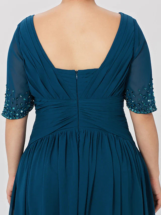 Wholesale Ball Gown A-Line Mother of the Bride Dress Formal Classic & Timeless Elegant & Luxurious Plus Size Square Neck Floor Length Chiffon Short Sleeve No with Pleats Beading