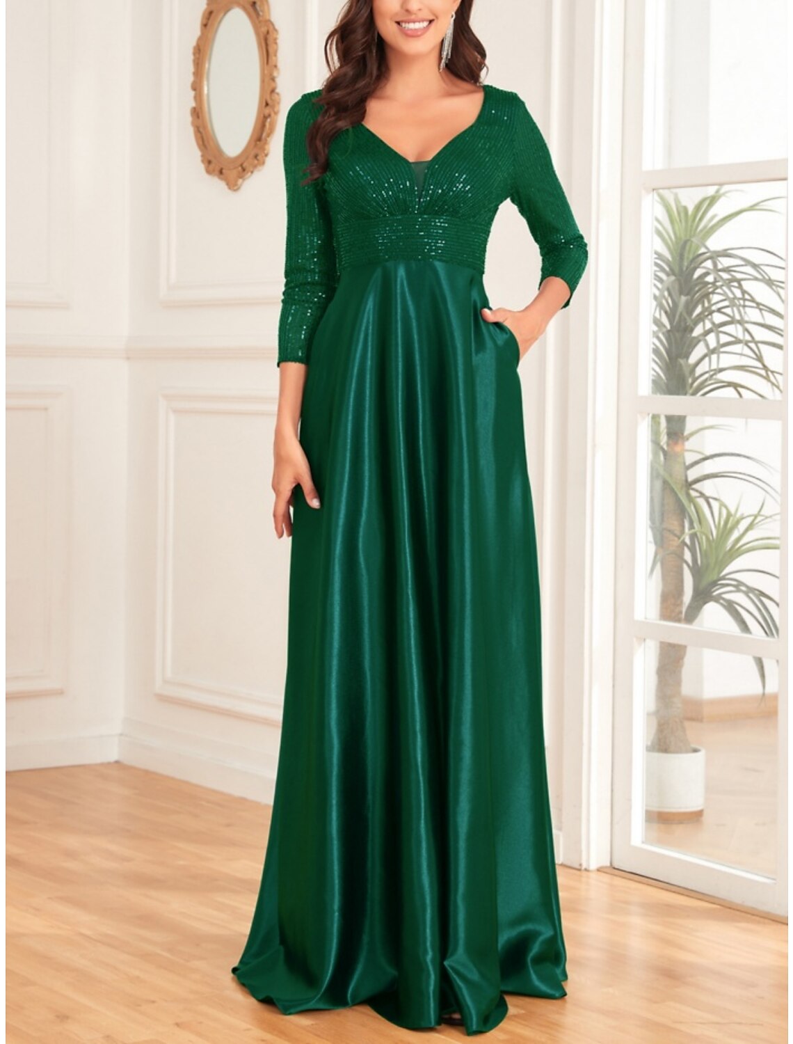 Wholesale A-Line Mother of the Bride Dress Wedding Guest Elegant V Neck Floor Length Satin 3/4 Length Sleeve with Sequin Ruching