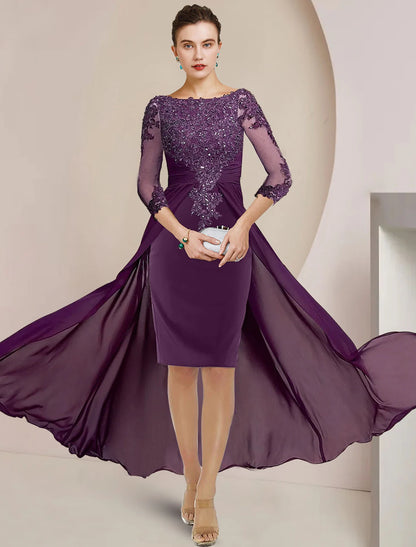 Wholesale  Sheath / Column Mother of the Bride Dress Elegant Scoop Neck Knee Length Chiffon Lace 3/4 Length Sleeve with Beading Sequin Appliques