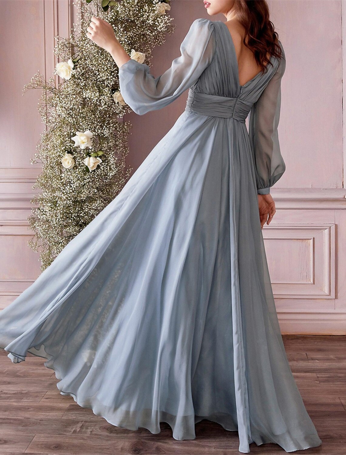Wholesale A-Line Bridesmaid Dress V Neck Long Sleeve Blue Floor Length Chiffon with Ruching / Solid Color