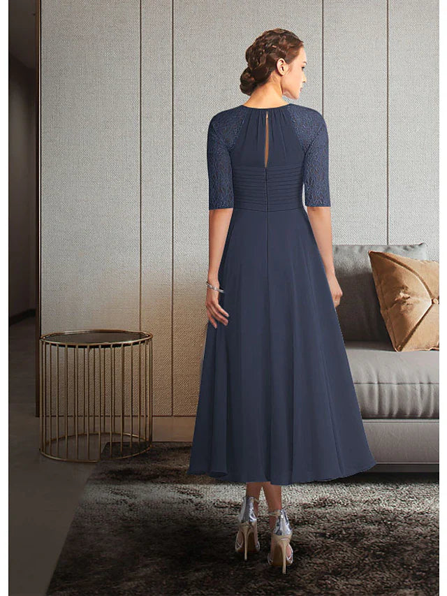 Wholesale A-Line Mother of the Bride Dress Elegant Jewel Neck Tea Length Chiffon Lace Half Sleeve with Pleats Ruching