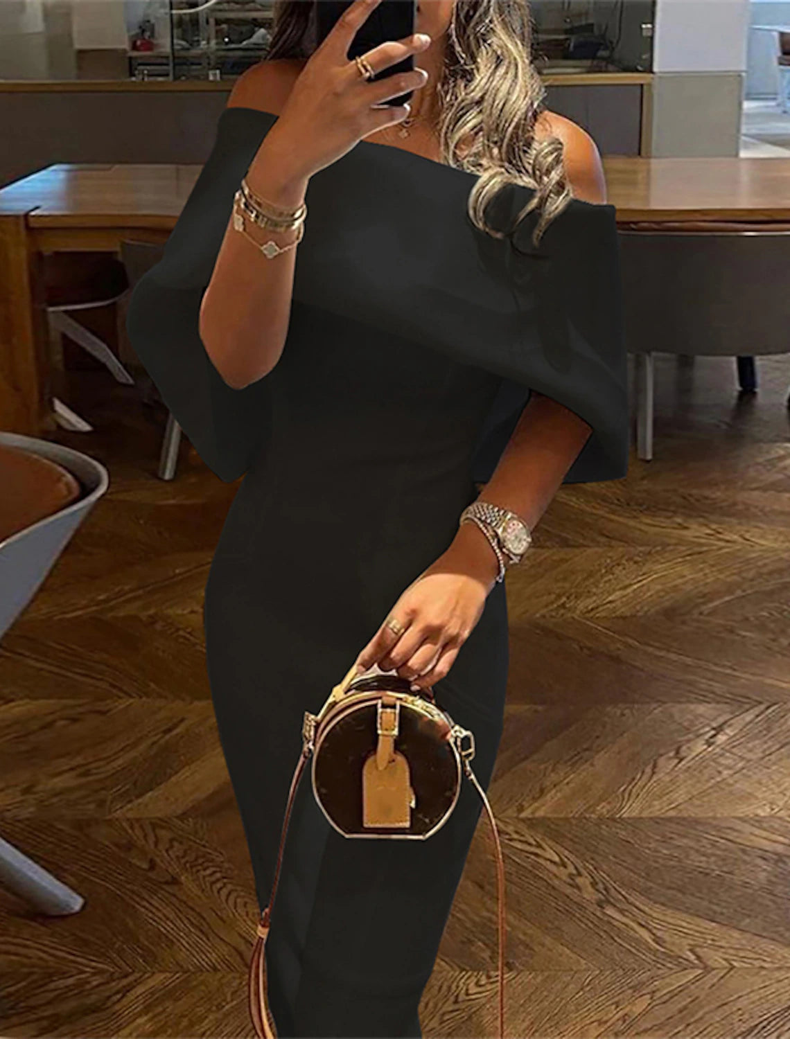 Wholesale Sheath Party Dress Prom Dresses Elegant Dress Graduation Wedding Guest Tea Length Half Sleeve Off Shoulder Stretch Fabric with Sleek Pure Color