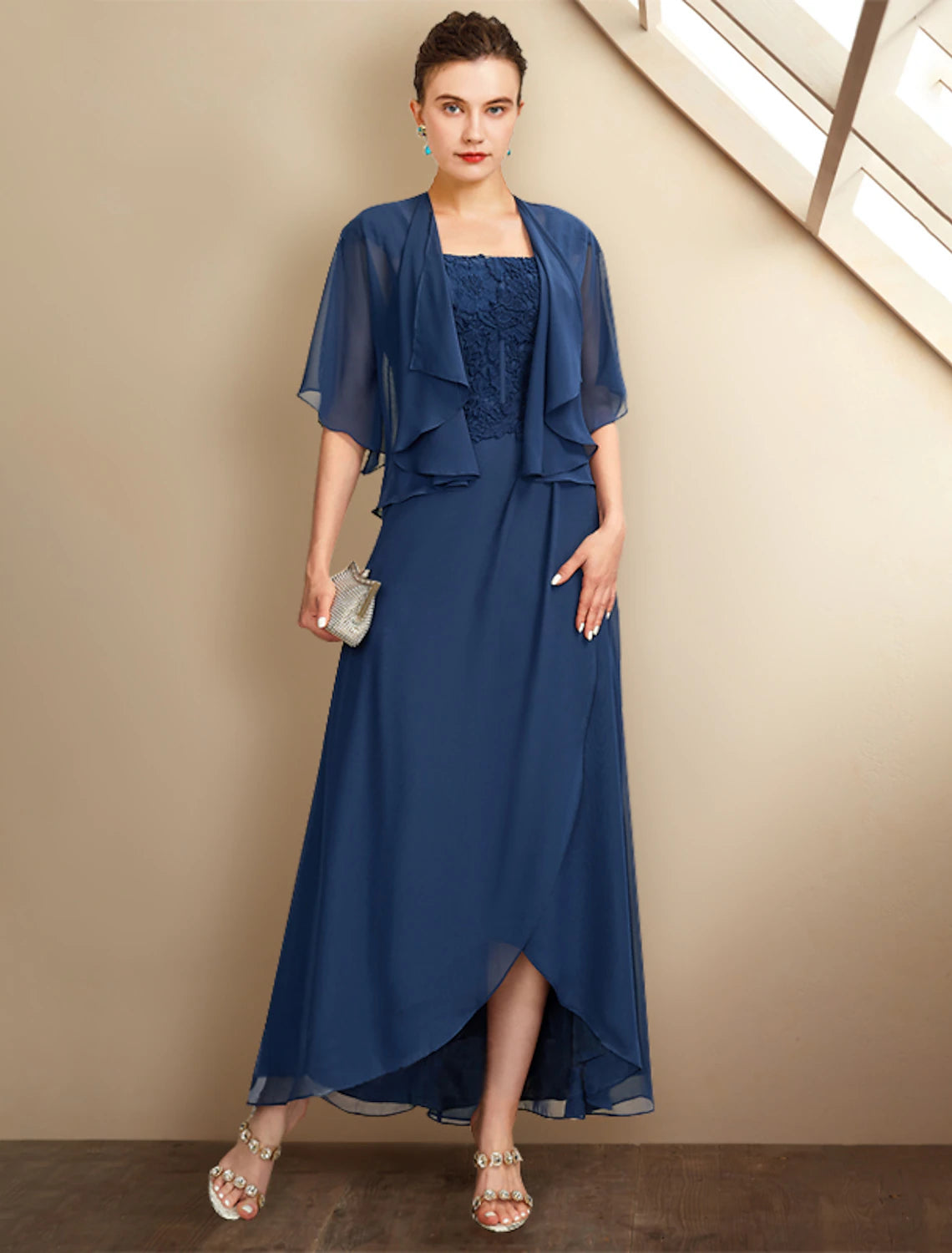 Wholesale  Two Piece A-Line Mother of the Bride Dress Church Plus Size Elegant High Low Square Neck Asymmetrical Tea Length Chiffon Lace Short Sleeve Wrap Included with Appliques
