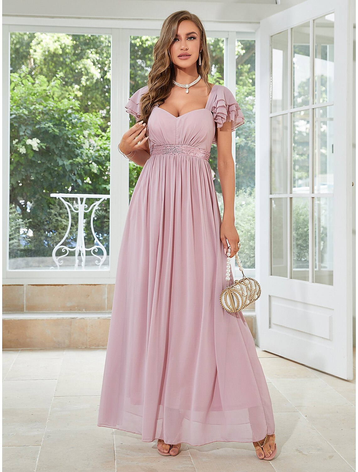 Wholesale  A-Line Wedding Guest Dresses Elegant Dress Party Wear Wedding Party Floor Length Short Sleeve Square Neck Chiffon with Ruffles