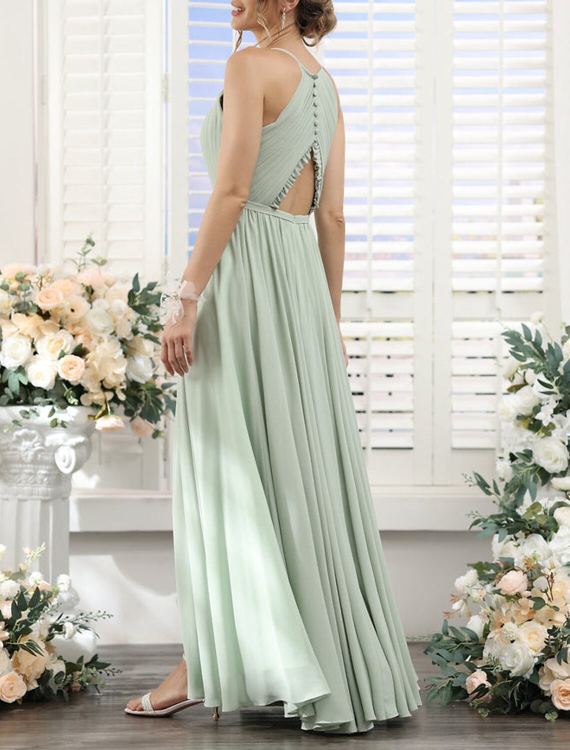 Wholesale A-Line Bridesmaid Dress Halter Short Sleeve Elegant Floor Length Chiffon with Split Front / Ruching