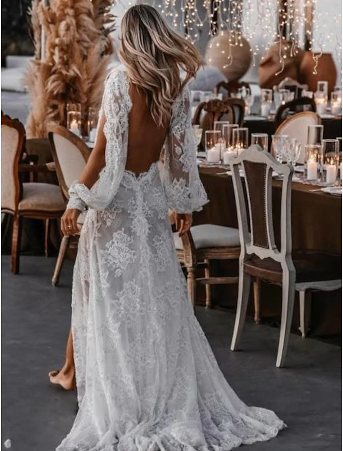 Wholesale Beach Sexy Boho Wedding Dresses A-Line V Neck Long Sleeve Sweep / Brush Train Lace Bridal Gowns With Appliques Split Front