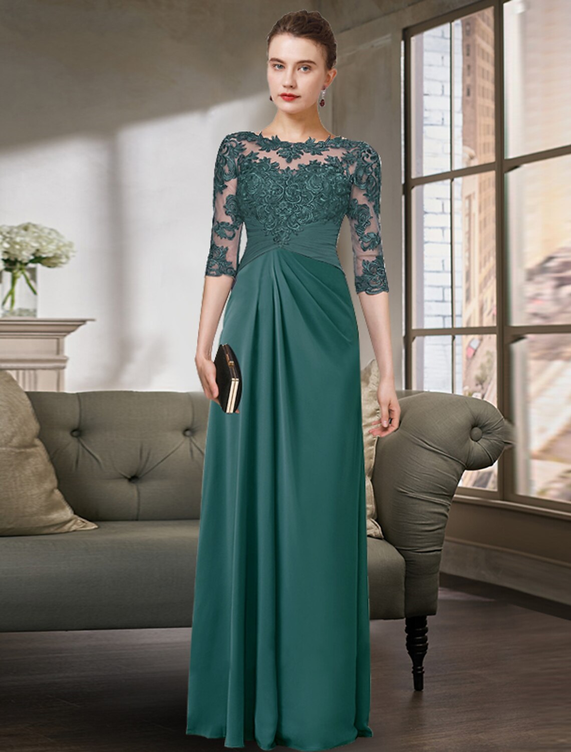 Wholesale  Sheath / Column Mother of the Bride Dress Simple Elegant Jewel Neck Floor Length Chiffon Lace Half Sleeve with Pleats Solid