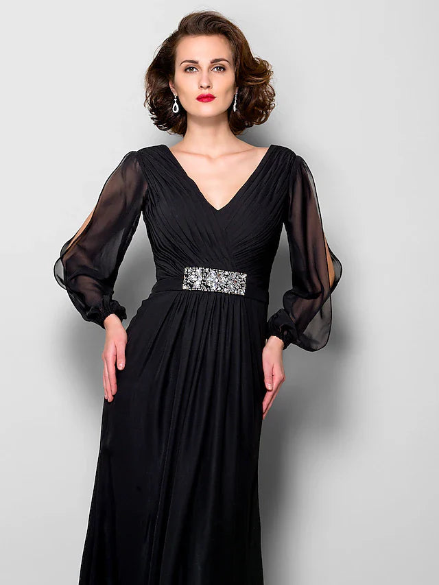 Wholesale A-Line Mother of the Bride Dress Open Back V Neck Floor Length Chiffon Long Sleeve with Criss Cross