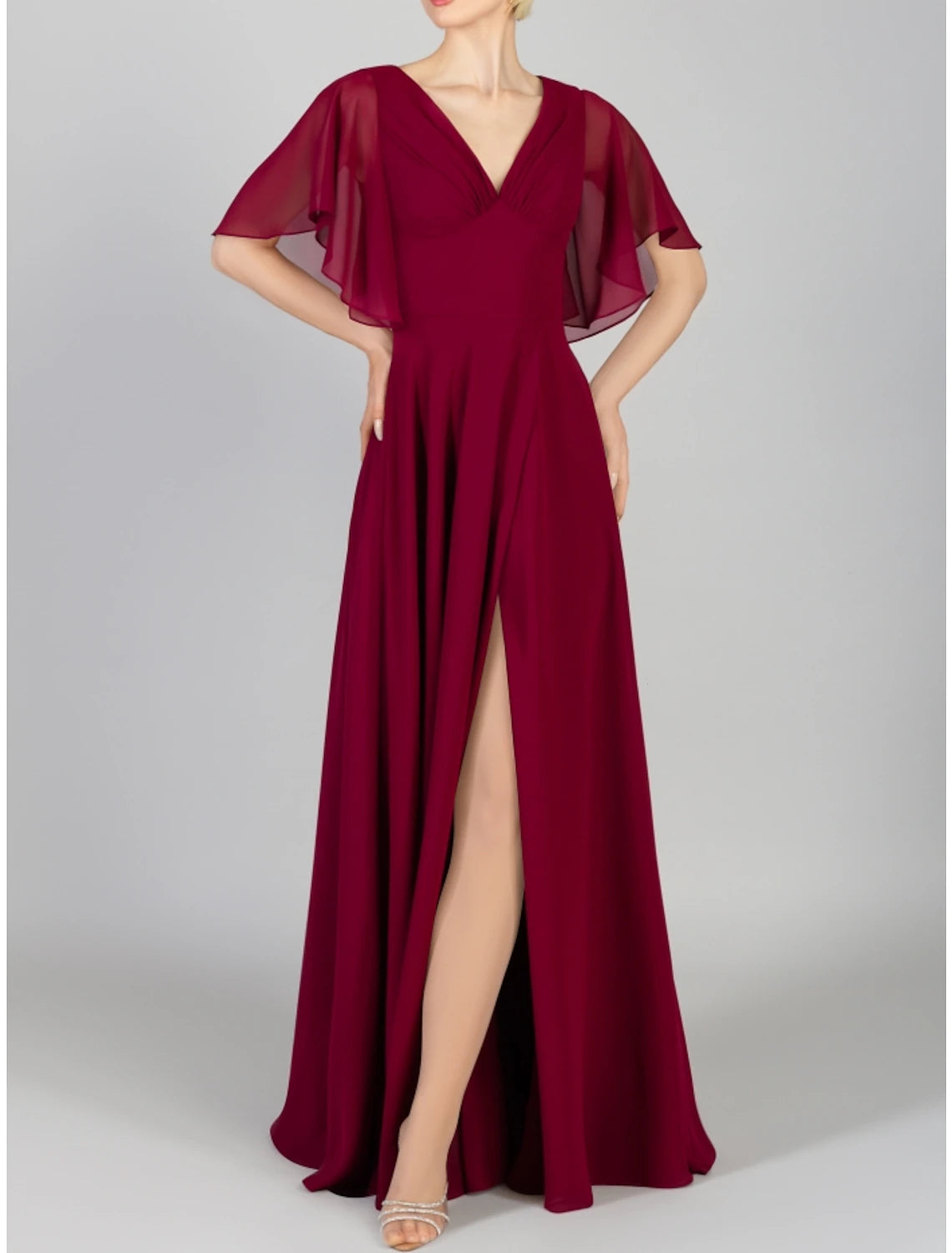 Wholesale A-Line Bridesmaid Dress V Neck Short Sleeve Elegant Floor Length Chiffon with Split Front / Ruching