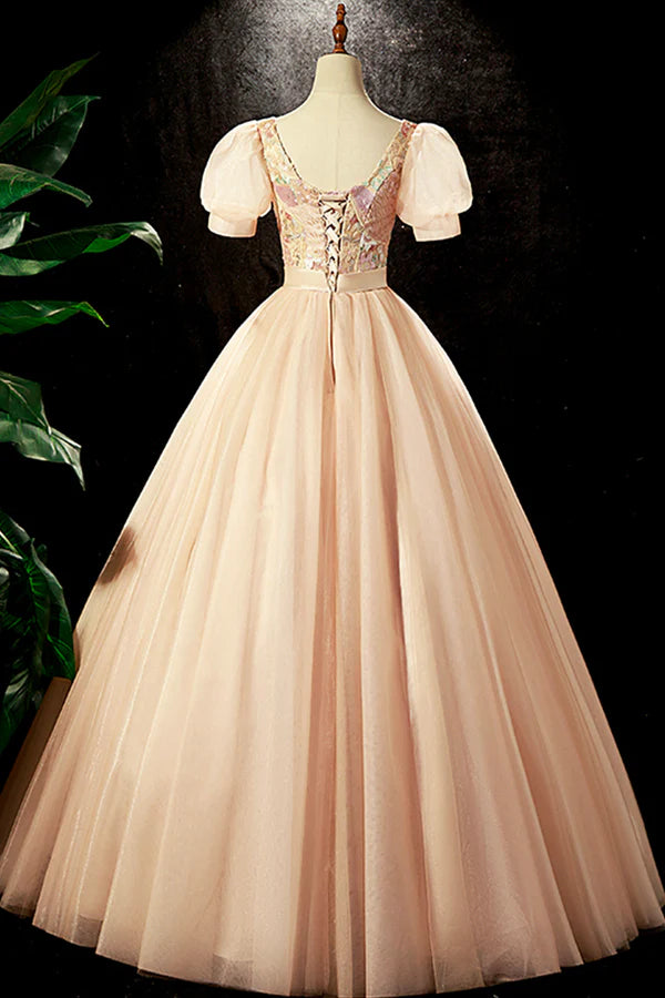 Wholesale Lovely Tulle Sequins Long Prom Dress A-Line Short Sleeve Evening Party dress