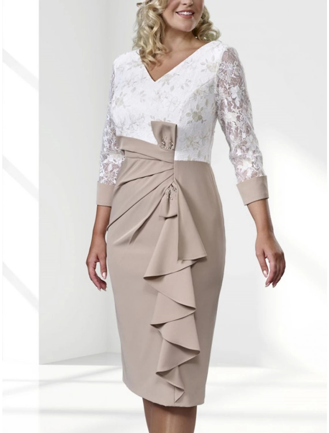 Wholesale A-Line Mother of the Bride Dress Wedding Guest Elegant Petite V Neck Knee Length Stretch Chiffon 3/4 Length Sleeve with Bow(s) Ruched Ruffles