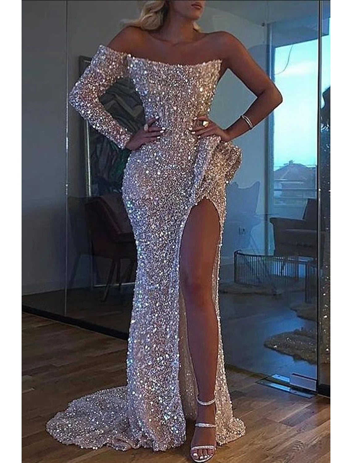Wholesale Mermaid Dress Evening Gown Christmas Red Green Dress Formal Wedding Court Train Long Sleeve One Shoulder Sequined with Sequin Slit