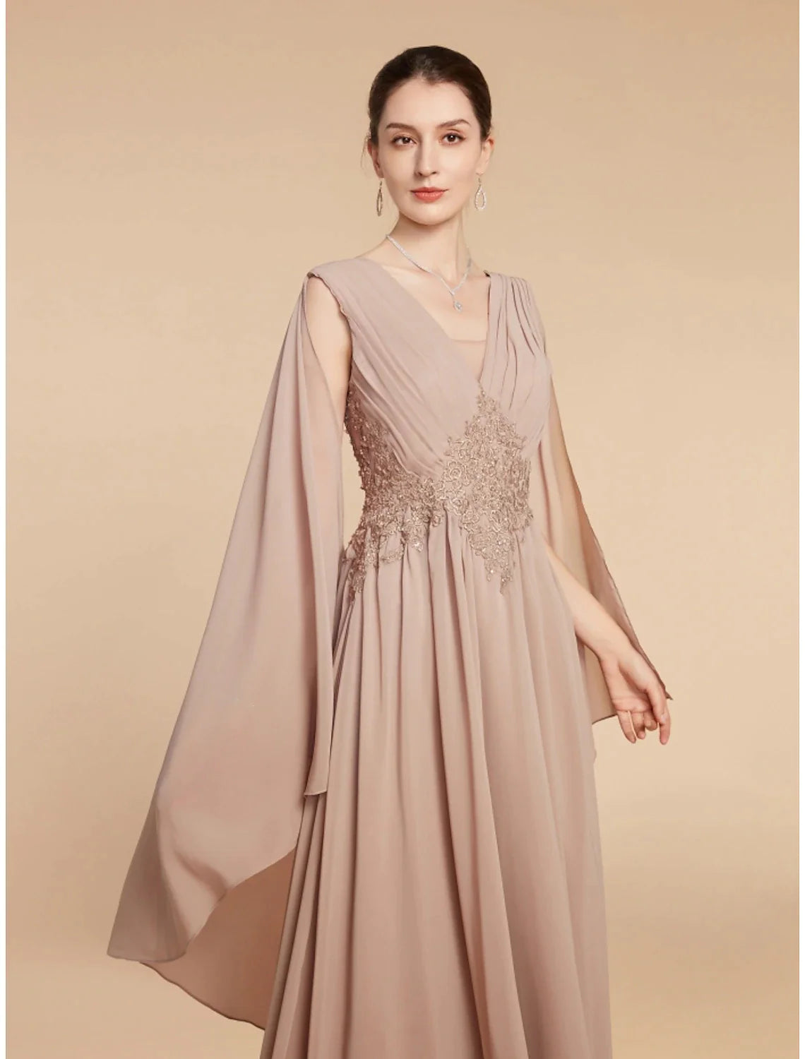 Wholesale A-Line Mother of the Bride Dress Wedding Guest Elegant V Neck Ankle Length Chiffon Lace Sleeveless with Ruching Solid Color