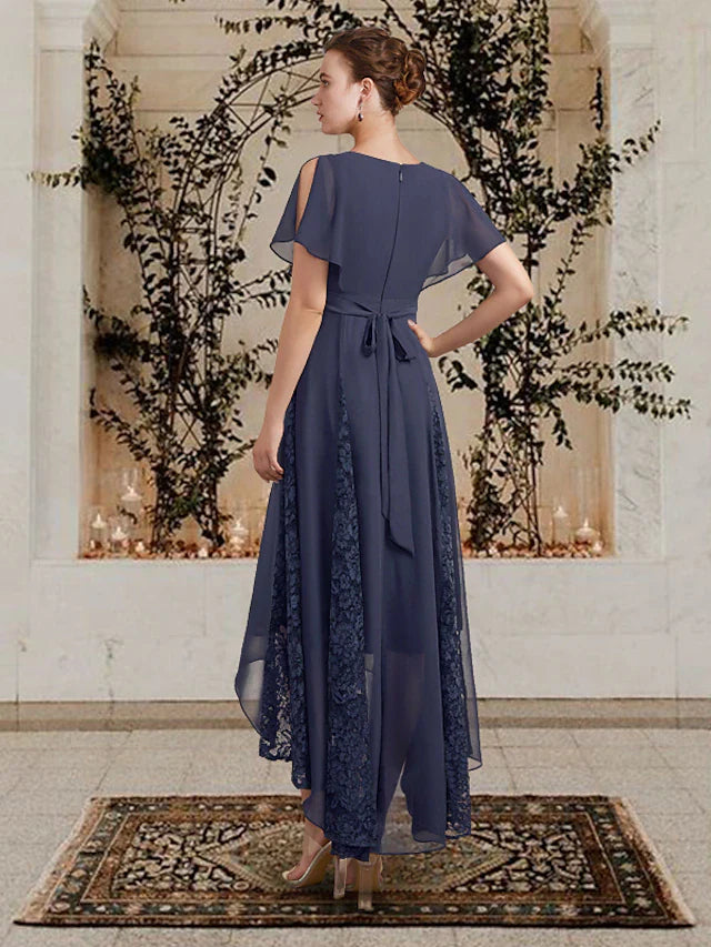 Wholesale A-Line Mother of the Bride Dress Plus Size Elegant High Low V Neck Asymmetrical Chiffon Lace Short Sleeve with Pleats Appliques
