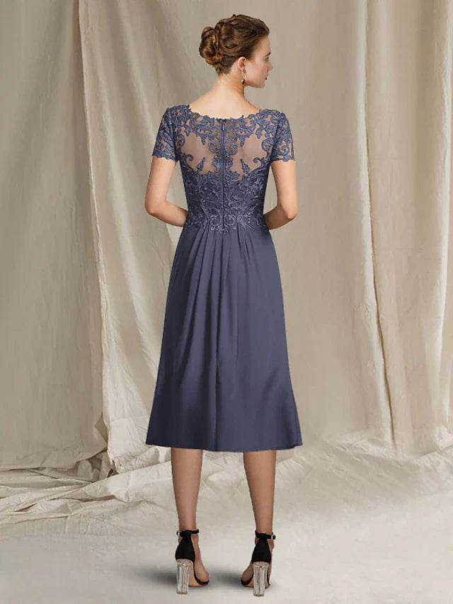 Wholesale A-Line Mother of the Bride Dress Plus Size Elegant V Neck Tea Length Chiffon Lace Short Sleeve Wrap Included with Appliques