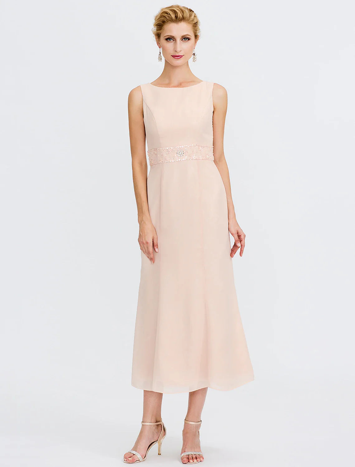 Wholesale Two Piece Sheath / Column Mother of the Bride Dress Fall Wedding Guest Dresses Plus Size Elegant Jewel Neck Tea Length Chiffon Sleeveless Wrap Included with Sash / Ribbon Pleats Beading