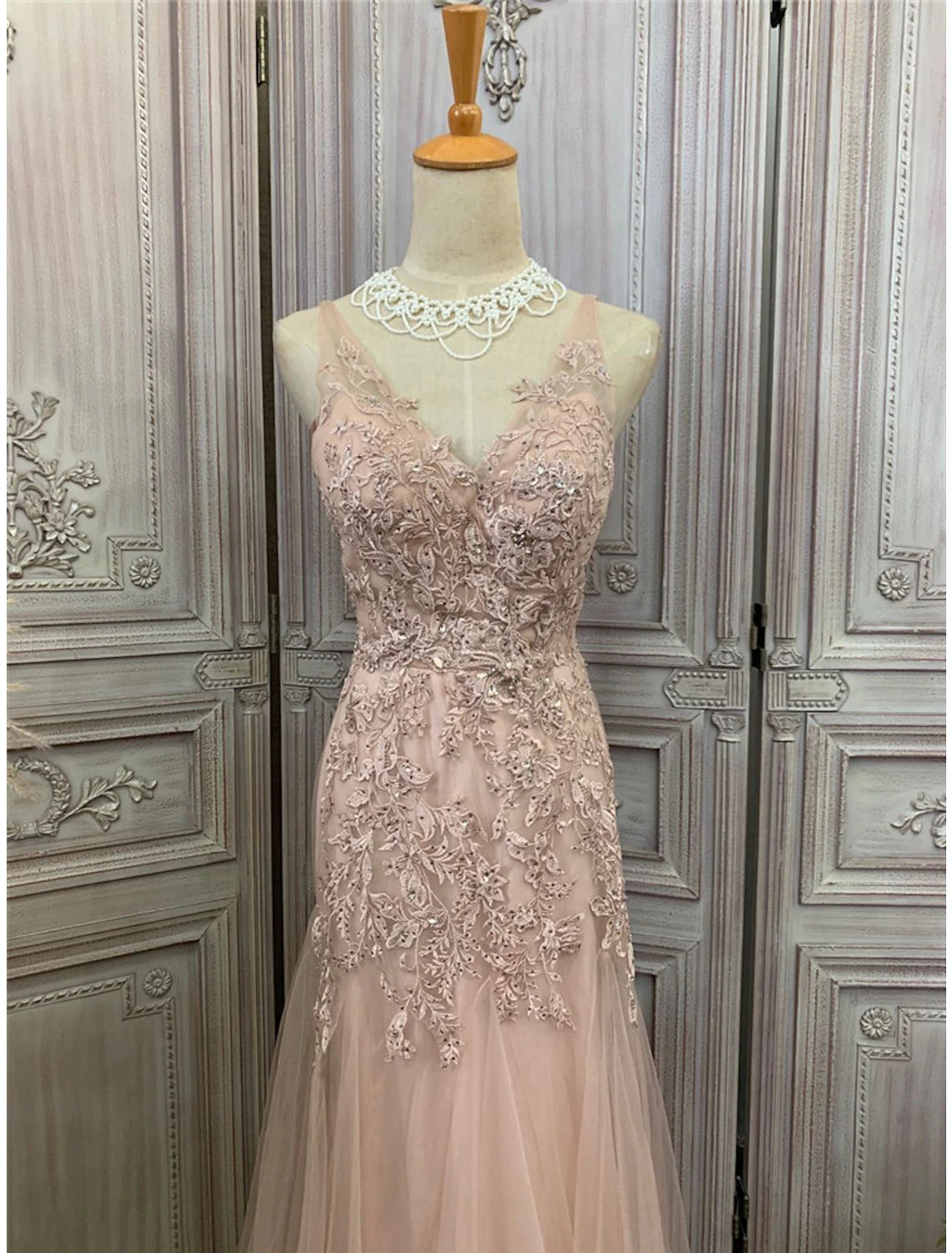 Wholesale  Mermaid / Trumpet Prom Dresses Maxi Dress Party Wear Wedding Party Sweep / Brush Train Sleeveless V Neck Tulle with Appliques