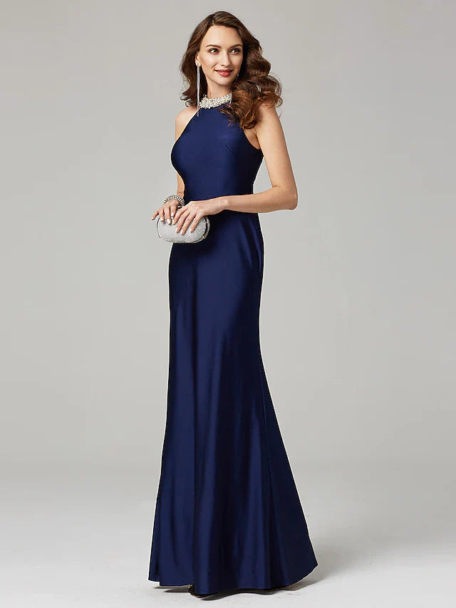Wholesale Sheath / Column Mother of the Bride Dress Elegant Sexy Jewel Neck Floor Length Charmeuse Sleeveless with Pearls