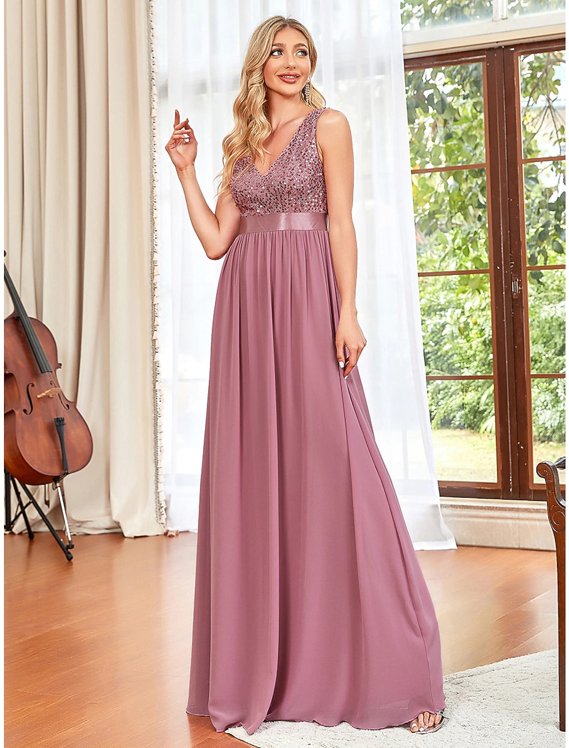 Wholesale  A-Line Prom Dresses Sparkle & Shine Dress Wedding Guest Prom Floor Length Sleeveless V Neck Chiffon V Back with Draping