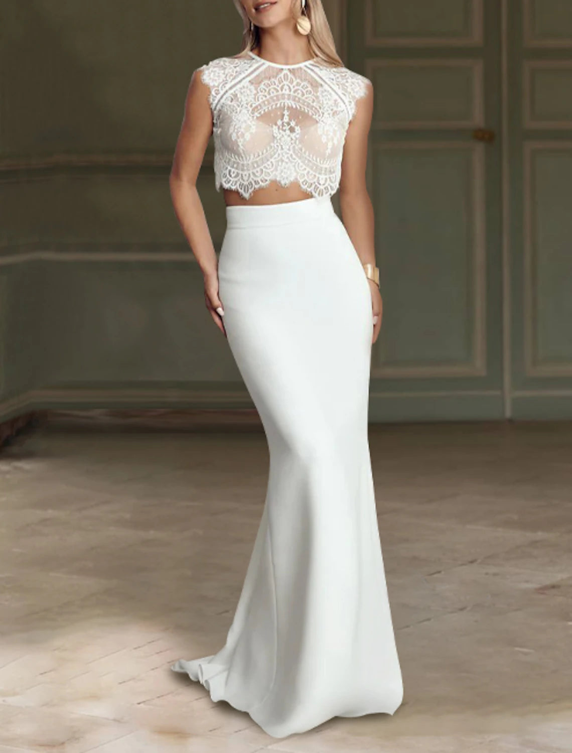 Wholesale Beach Boho Wedding Dresses Separates Illusion Neck Sleeveless Separates Lace Bridal Tops Bridal Gowns With Appliques