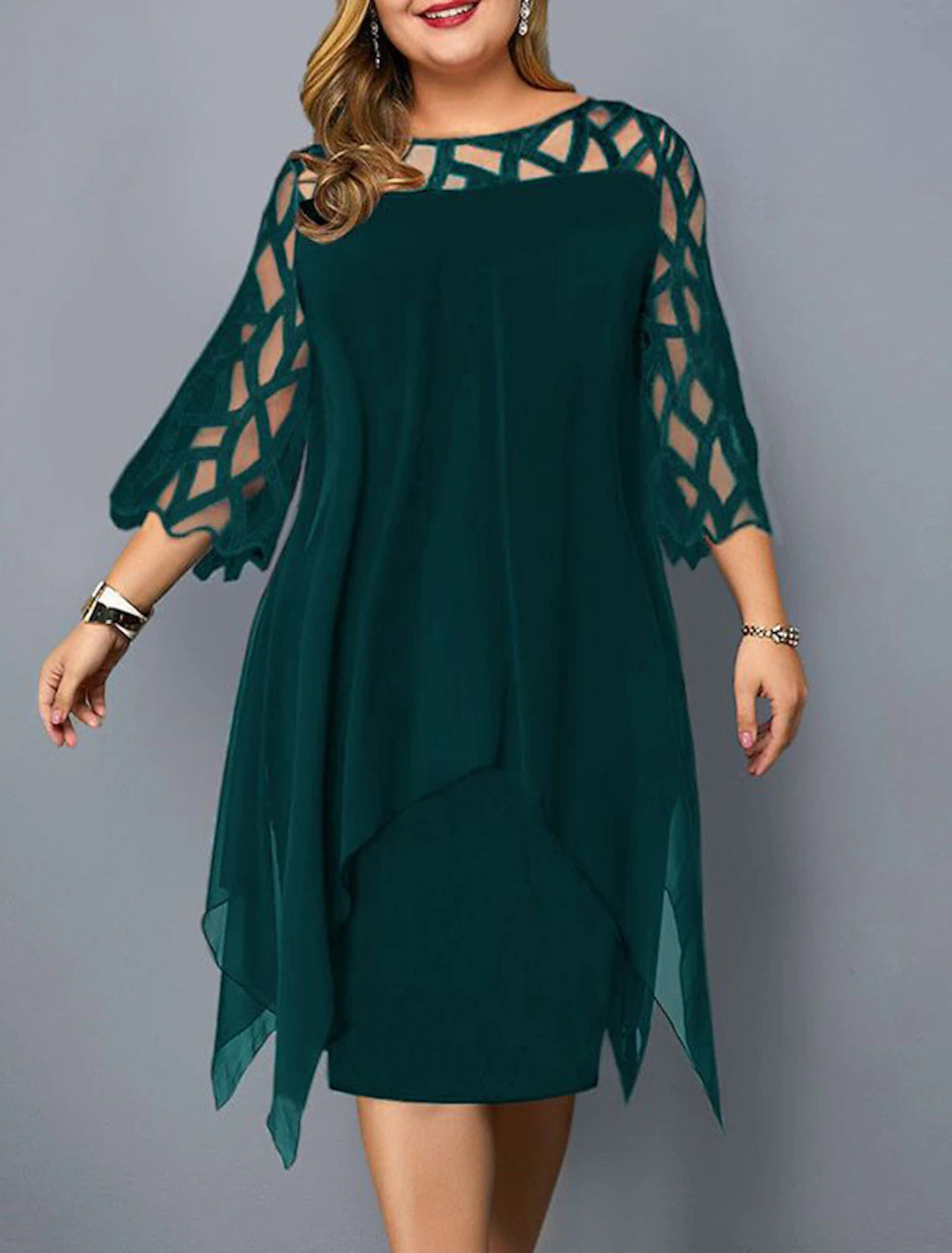 Wholesale A-Line Elegant Cocktail Dress Semi-formal Christmas Red Green Dress Midi Jewel Neck 3/4 Length Sleeve Knee Length Lace with Sleek Splicing