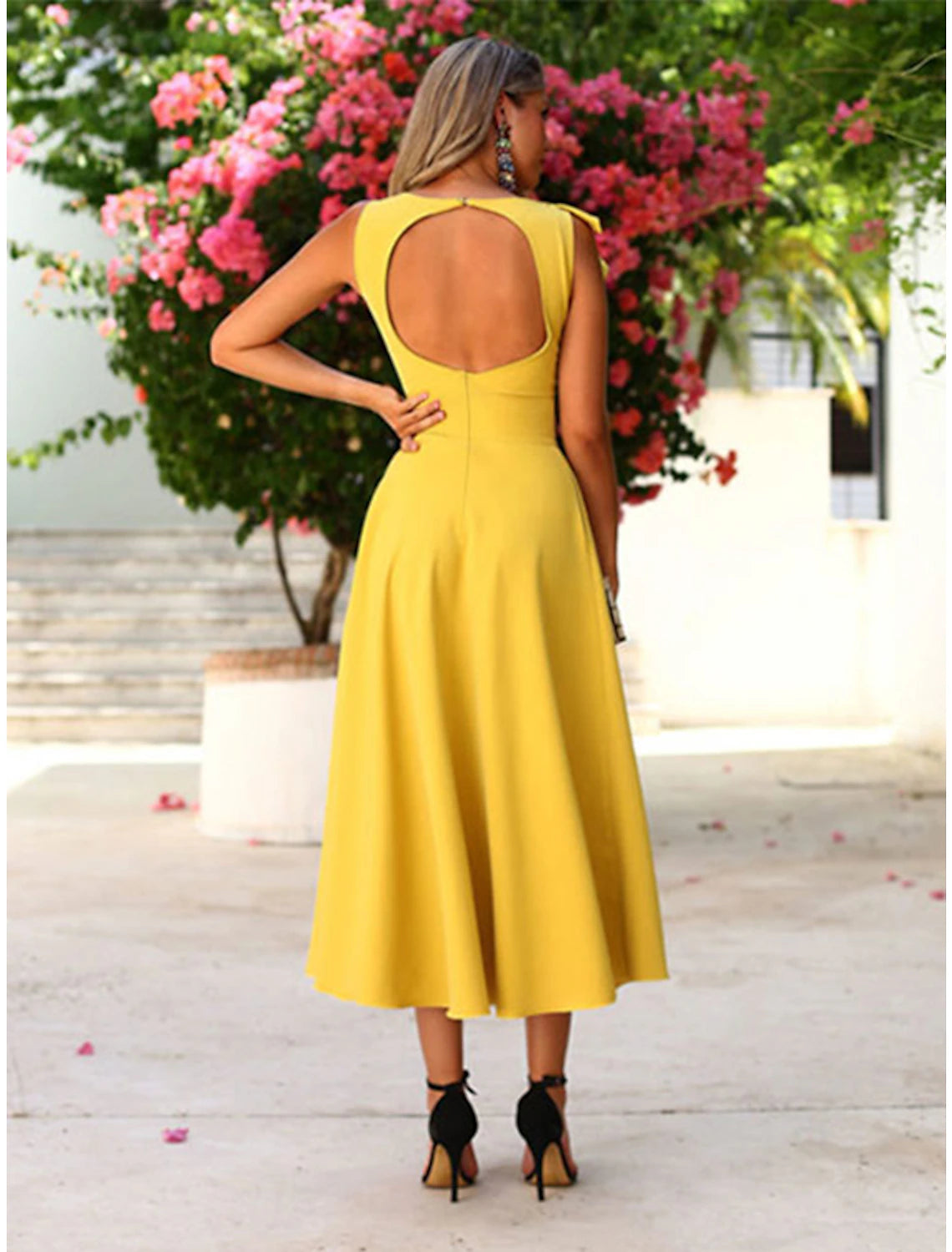 Wholesale A-Line Cocktail Dresses Elegant Dress Wedding Guest Homecoming Ankle Length Sleeveless Jewel Neck Fall Wedding Guest Stretch Fabric with Ruffles Pure Color