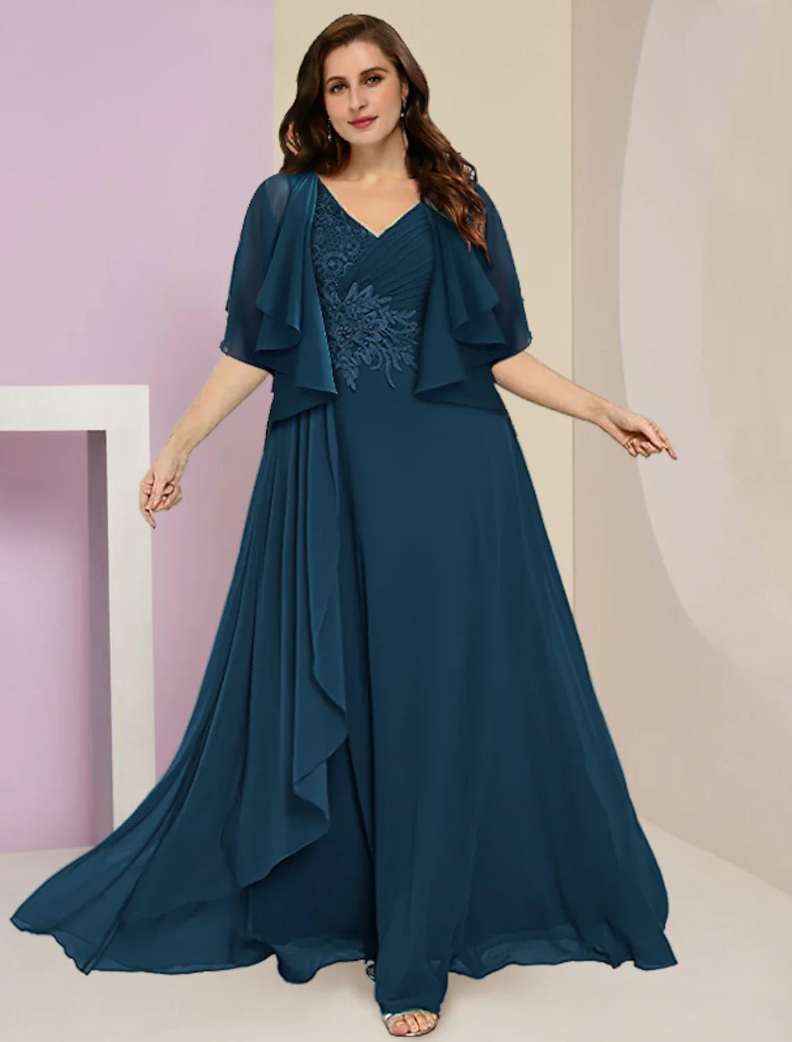 Wholesale Two Piece A-Line Mother of the Bride Dress Formal Wedding Guest Plus Size Hide Belly Elegant V Neck Floor Length Chiffon Lace Sleeveless with Ruched Appliques