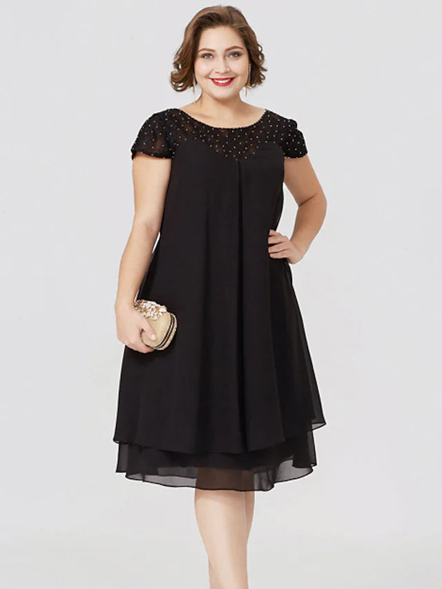 Wholesale Sheath / Column Mother of the Bride Dress Formal Little Black Dress Plus Size See Through Jewel Neck Knee Length Chiffon Lace Short Sleeve No with Pleats Beading Lace Insert