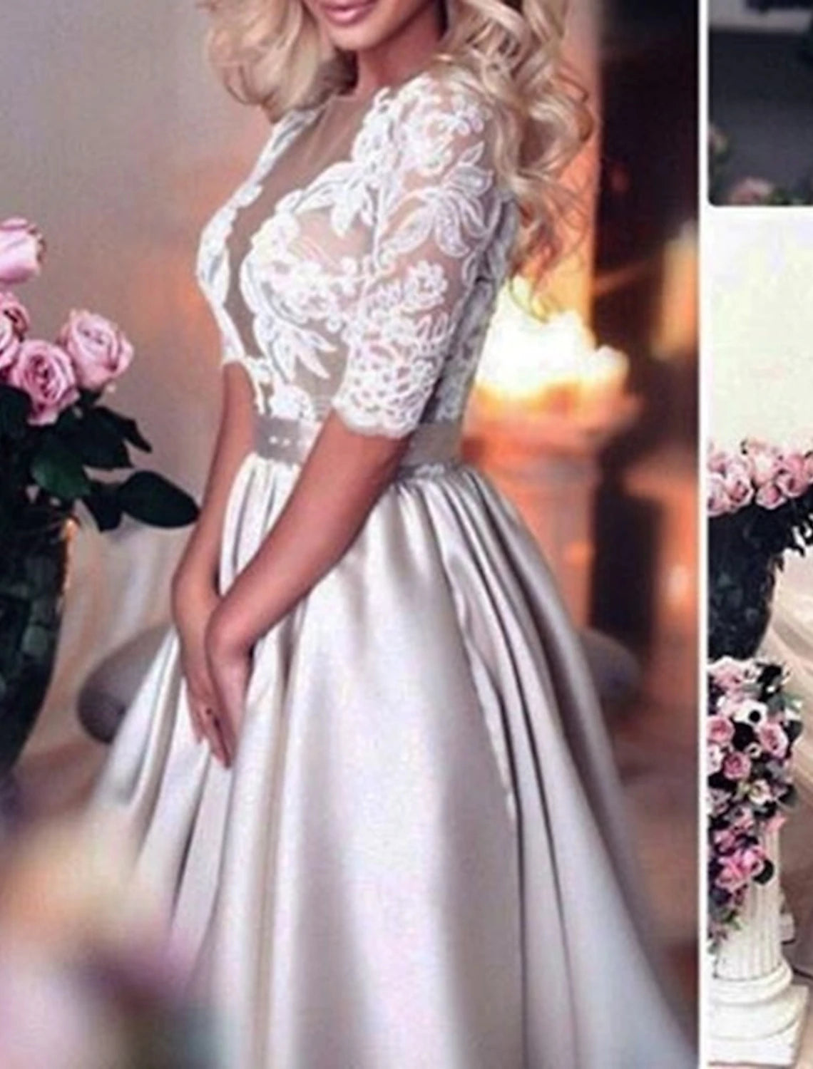 Wholesale Hall Formal Wedding Dresses A-Line Illusion Neck Half Sleeve Court Train Satin Bridal Gowns With Buttons Appliques