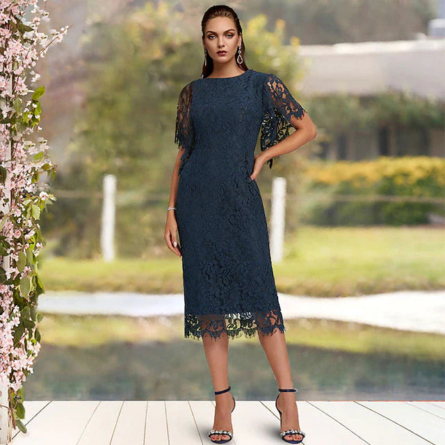 Wholesale Sheath / Column Mother of the Bride Dress Wedding Guest Elegant Jewel Neck Tea Length Lace Short Sleeve with Solid Color