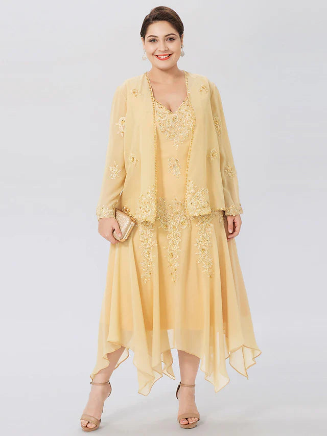 Wholesale A-Line Mother of the Bride Dress Formal Plus Size Elegant High Low V Neck Asymmetrical Chiffon Beaded Lace Long Sleeve Wrap Included with Beading Appliques