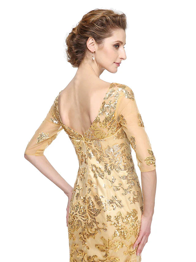 Wholesale Mermaid / Trumpet Mother of the Bride Dress Elegant Sparkle & Shine V Neck Floor Length Tulle Sequined Half Sleeve with Sequin
