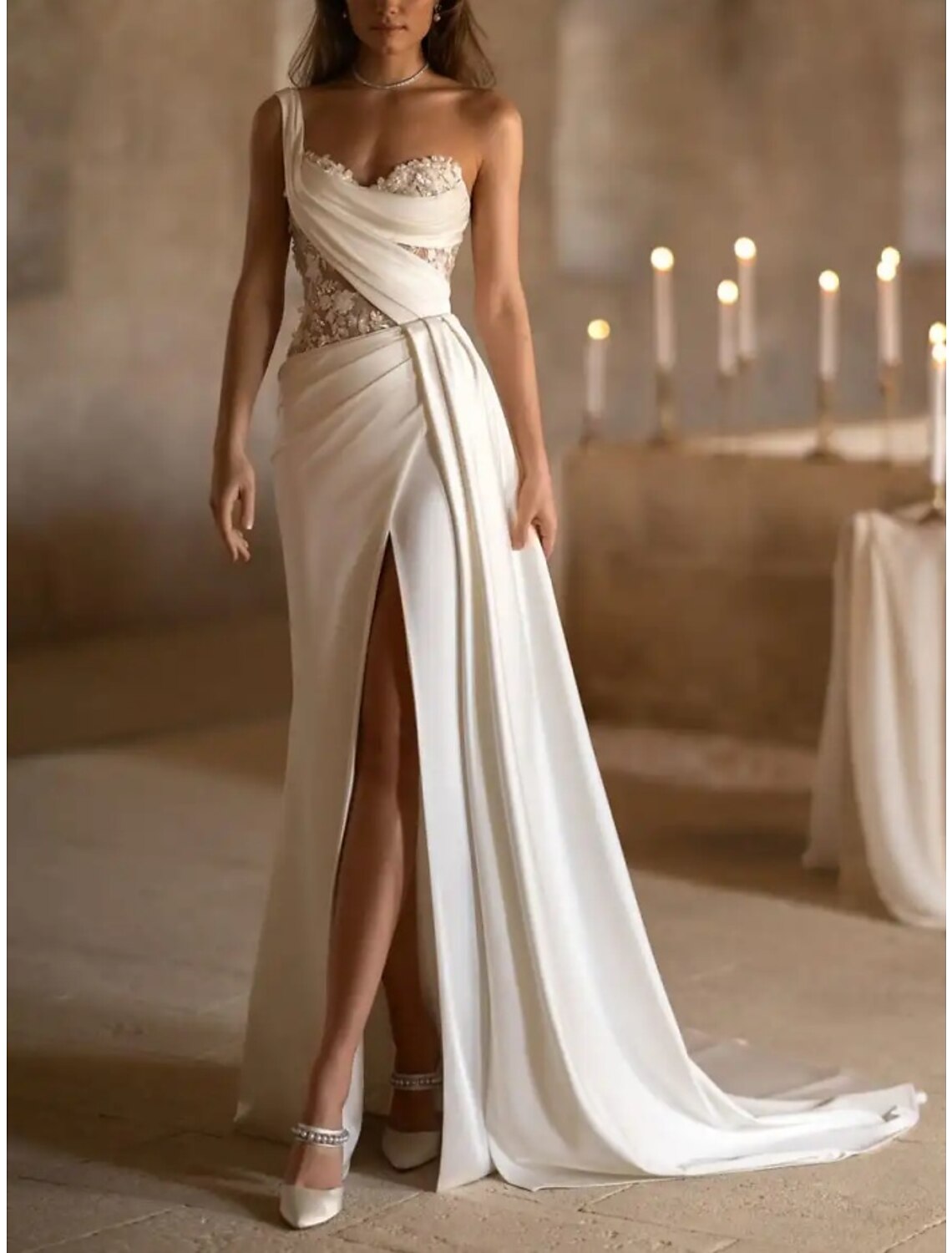 Wholesale Hall Mature Wedding Dresses A-Line One Shoulder Sleeveless Court Train Satin Bridal Gowns With Pleats Appliques