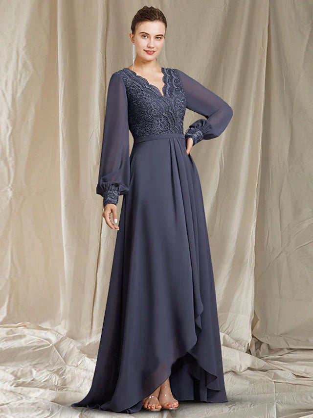 Wholesale A-Line Mother of the Bride Dress Elegant High Low V Neck Sweep / Brush Train Asymmetrical Tea Length Chiffon Lace Long Sleeve with Pleats Appliques