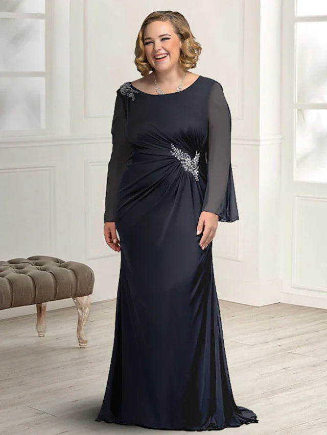Wholesale Sheath / Column Mother of the Bride Dress Plus Size Elegant Jewel Neck Sweep / Brush Train Chiffon Long Sleeve with Ruched Crystal Brooch