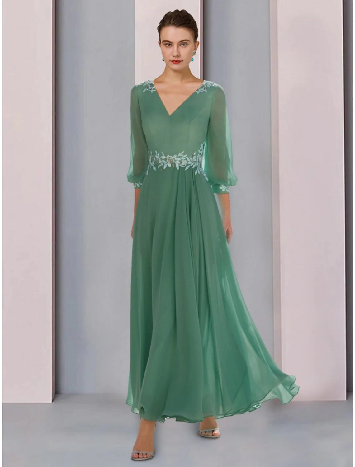Wholesale A-Line Mother of the Bride Dress Wedding Guest Elegant V Neck Ankle Length Chiffon Lace 3/4 Length Sleeve with Ruching Solid Color