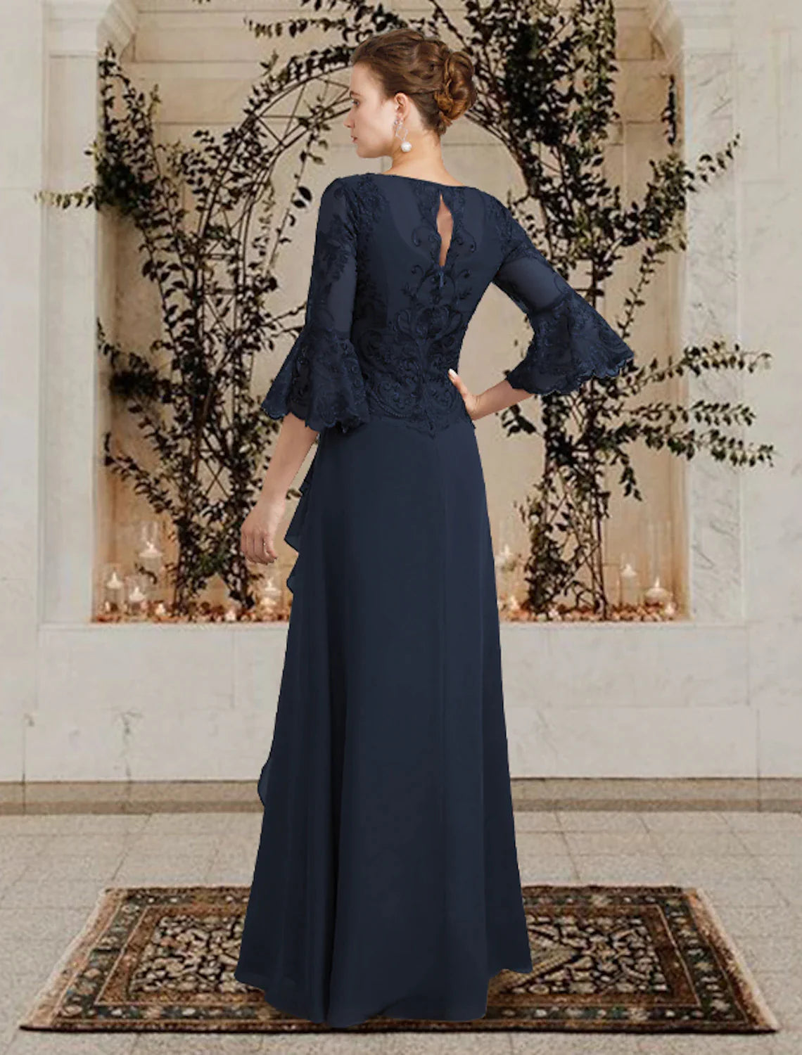Wholesale Sheath / Column Mother of the Bride Dress Plus Size Elegant Jewel Neck Floor Length Chiffon Lace Half Sleeve with Sequin Appliques