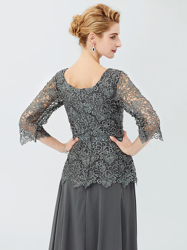 Wholesale Ball Gown A-Line Mother of the Bride Dress Formal Classic & Timeless Elegant & Luxurious Elegant Scoop Neck Floor Length Chiffon Corded Lace 3/4 Length Sleeve with Sashes / Ribbons Beading