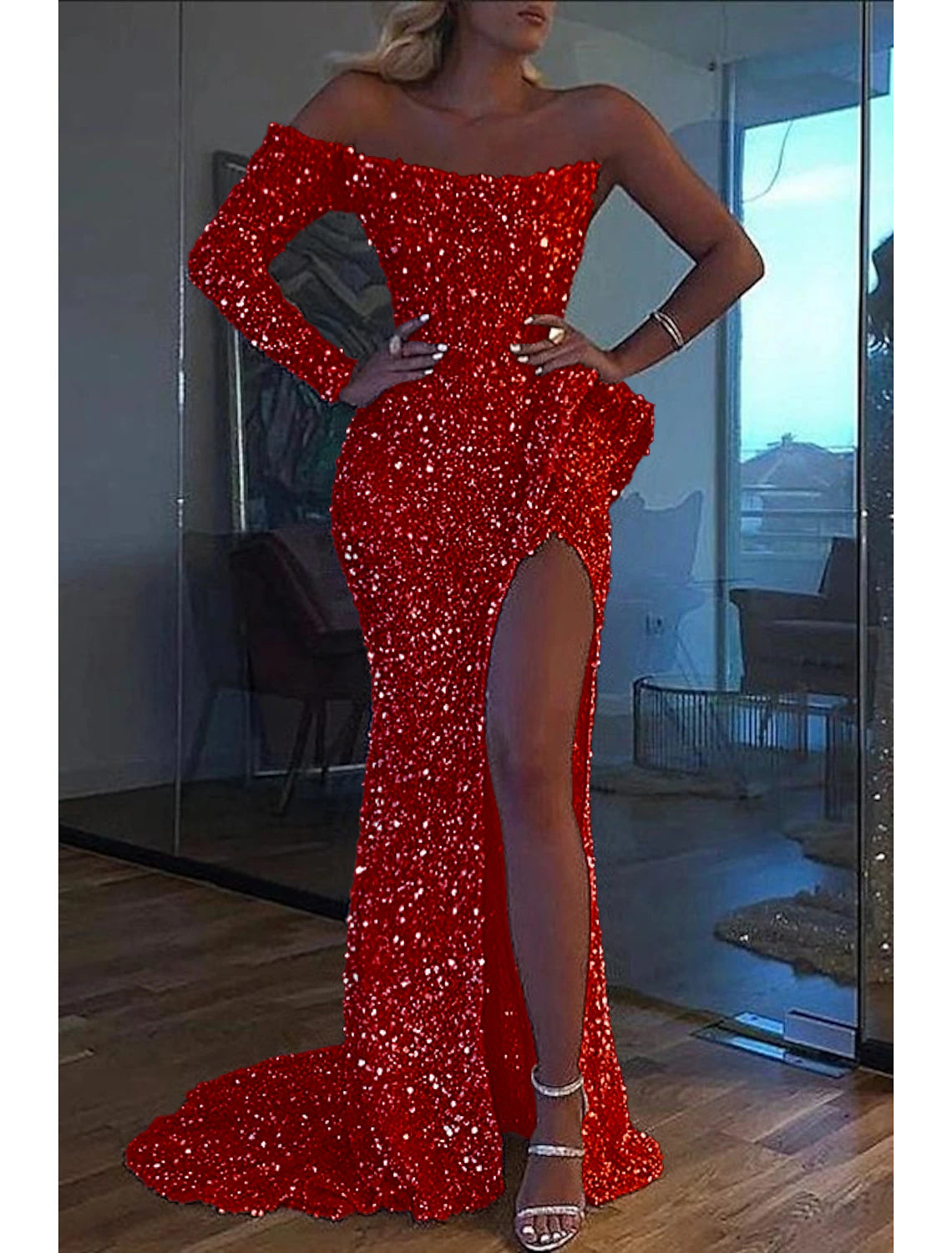 Wholesale Mermaid Dress Evening Gown Christmas Red Green Dress Formal Wedding Court Train Long Sleeve One Shoulder Sequined with Sequin Slit
