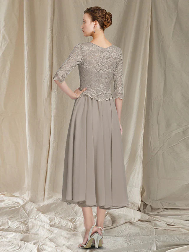 Wholesale Two Piece A-Line Mother of the Bride Dress Church Elegant Jewel Neck Tea Length Chiffon Lace Half Sleeve Jacket Dresses with Appliques