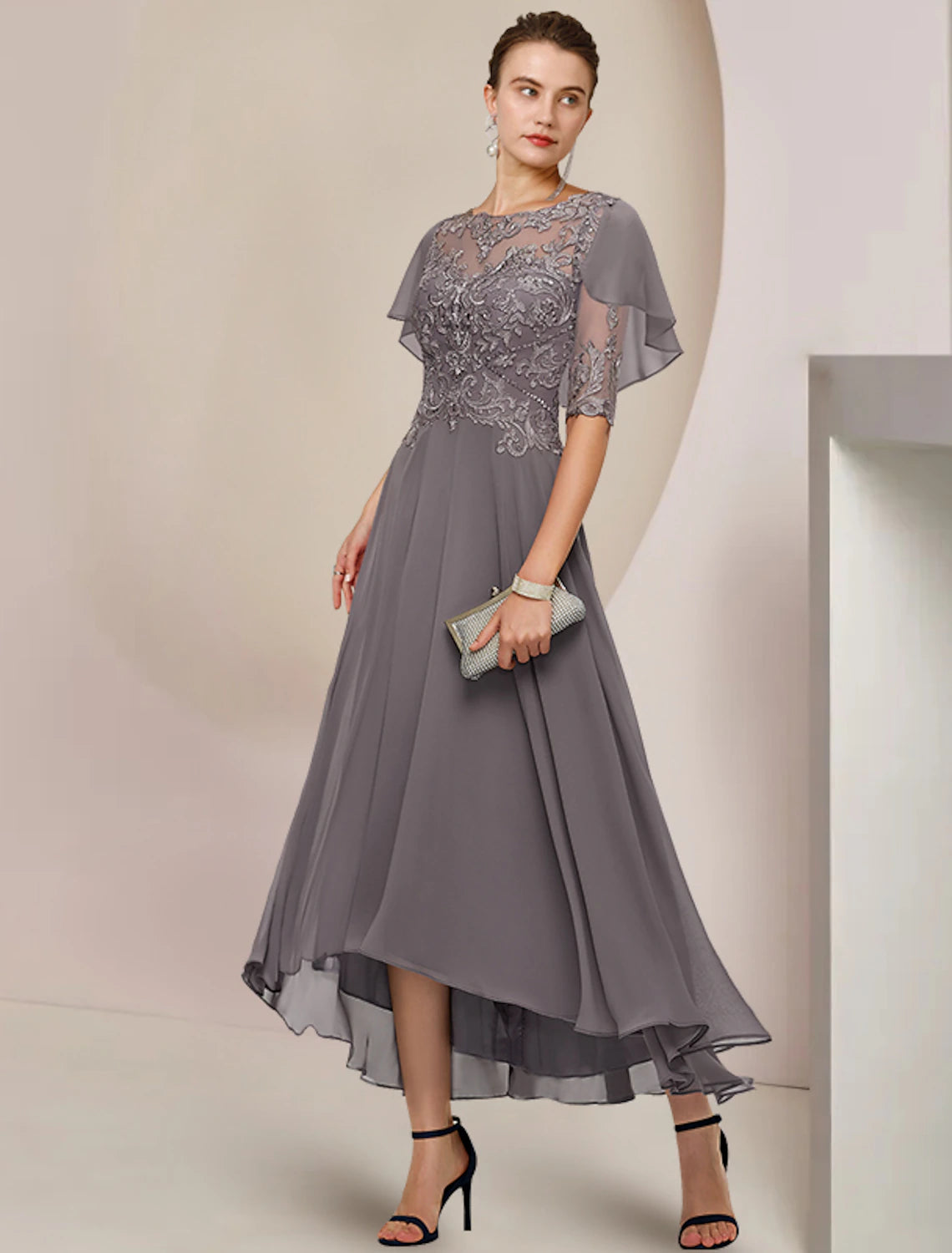 Wholesale  A-Line Mother of the Bride Dress Formal Fall Wedding Guest Elegant Scoop Neck Asymmetrical Tea Length Chiffon Lace Half Sleeve with Beading Appliques