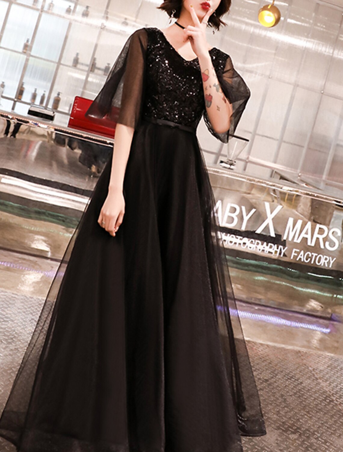 Wholesale A-Line Evening Gown Sparkle Dress Wedding Guest Formal Evening Floor Length Half Sleeve V Neck Tulle with Sequin